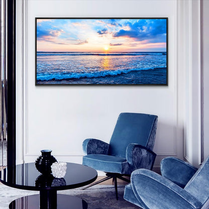 Wapluam Bedroom Decor: Blue Beach Sea Waves Landscape Canvas Print, Large Wall Art, Ready To Hang, Black Framed