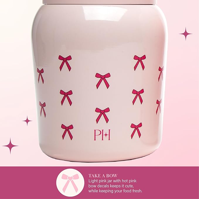 Paris Hilton Stainless Steel Food Jar, Double Wall Vacuum Sealed Insulated Food Storage Container with Carry Handle Lid, 24-Ounce, Pink with Bow Design