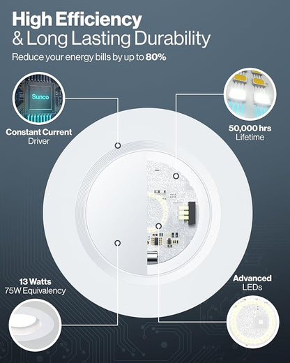 Sunco 96 Pack 6 Inch LED Recessed Light, Retrofit Downlight Can Lights for Ceiling, Baffle Trim, 1050 LM, 13W (75W Equivalent), Selectable CCT 2700K/3000K/3500K/4000K/5000K, Dimmable, Damp Rated UL
