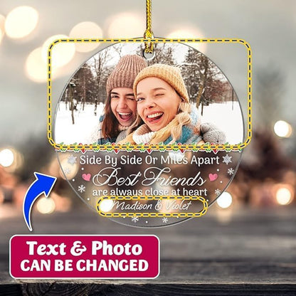 Personalized Best Friend Ornament Custom Friendship Christmas Ornament Friends Always Close at Heart Acrylic Ornaments with Photo Picture Xmas Tree Gifts for Besties BFF Soul Sister