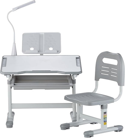 VEVOR Kids Study Chair and Desk Set, Study Desk and Chair for Kids with Table Lamp, Adjustable Height & 0-40° Tilted Desktop Kids Desk and Chair, Children Study Table for Bedroom & Study Room, Grey