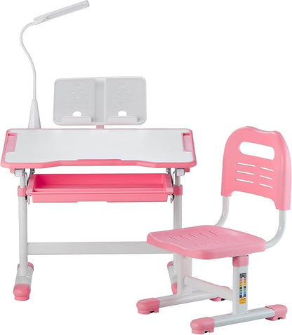 VEVOR Kids Study Desk and Chair Set, Learning Table and Chair for Kids with Table Lamp, Adjustable Height & 0-40° Tilted Desktop Toddler Desk and Chair, Table for Bedroom & Study Room, Pink