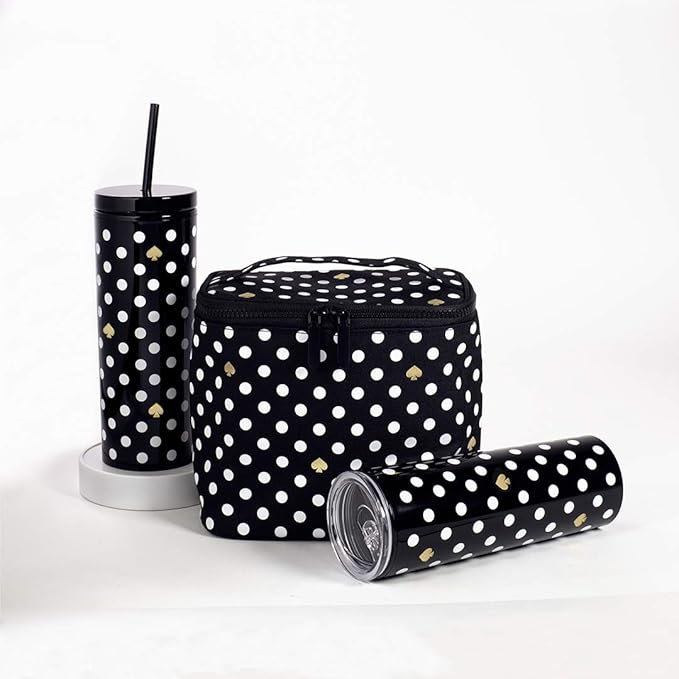 kate spade new york Insulated Soft Cooler Lunch Tote with Double Zipper Close and Carrying Handle, Polka Dots (Black/White)