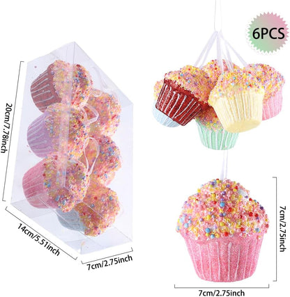Cupcake Party Decorations Ornaments,6pcs Hanging Christmas Tree Candy Ornaments, Macaron Color Mini Dessert Cupcake Pendant Set for Xmas New Year Birthday Home Party Supplies (Cake)