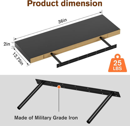 Floating Shelf, Set of 2 Wall Shelf, 36 in W x 12.75 in D x 2 in H Wooden Floating Wall Shelf with Invisible Brackets for Living Room/Bedroom/Bathroom/Kitchen Storage and Decor, Black Wood