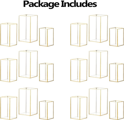 Hewory Glass Hurricane Candle Holder Set of 18, Gold Large Hurricane Centerpiece for Table, Tall Floor Square Pillar Candle Holders Lantern Set for Wedding, Anniversary, Party, Fireplace, Dining Room