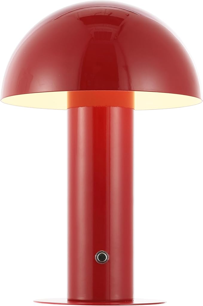 JONATHAN Y 10.75" Red Rechargeable LED Mushroom Table Lamp, Cordless Portable Bedside Lamp for Living Room Bedroom, 3-Way Dimmable Modern Iron Desk Light, Metal Shade (JYL7115G)