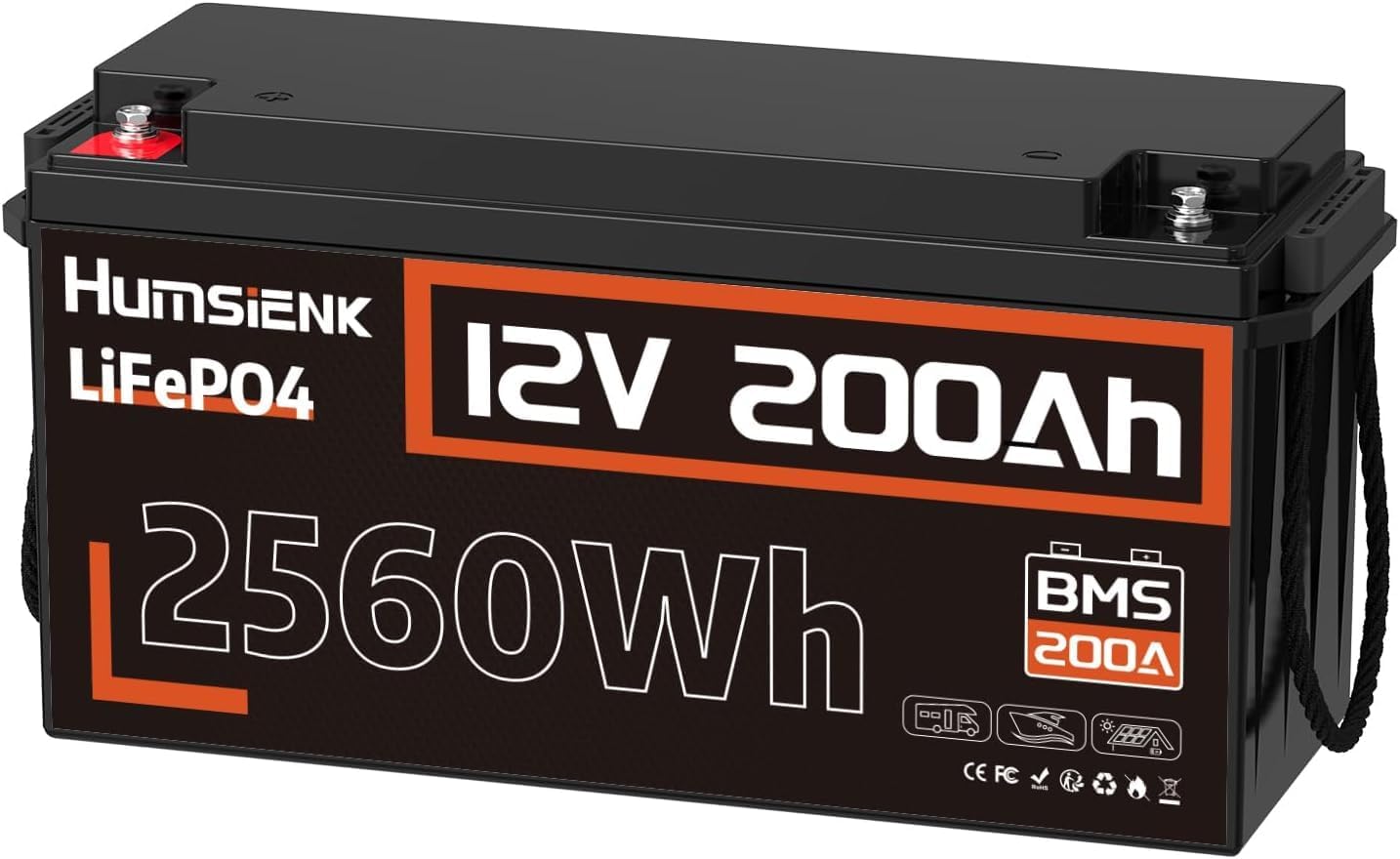 12V 200Ah LiFePO4 Battery, Built-in 200A BMS, Rechargeable 6000-20000 Deep Cycles & 10-Year Lifetime, 2560Wh Lithium Battery for Off-Grid and Home Solar System, Marine, Trailer, RV