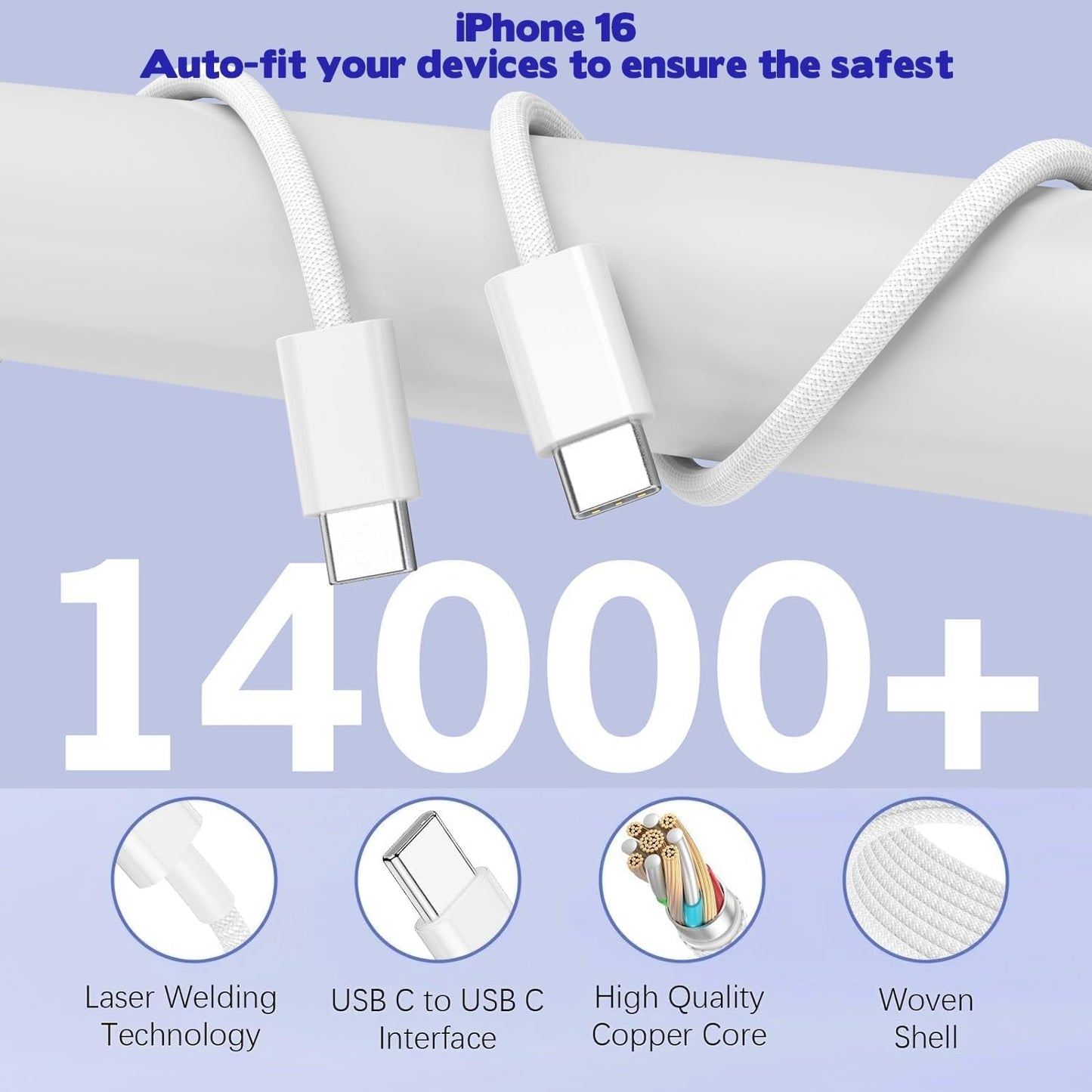 iPhone 16 Fast Charger Block, 2 Pack 60W USB Charging Block 5-Port Charge Adapter for Apple iPhone Charger with 6FT USB C Woven Fast Charging Cable for iPhone16/16e/16 Pro/15Pro Max, iPad Pro/Air/Mini