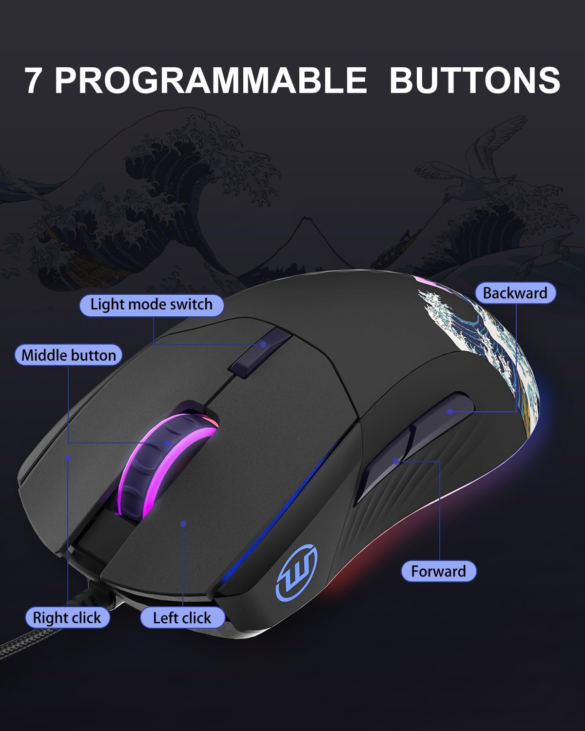 COSTOM Womier G705 USB Wired Gaming Mouse for PC Computer Windows Mac Laptop, Lightweight Silent RGB Backlit Mouse with Adjustable 12000DPI/7 Programmable Side Buttons,Black Kanagawa Theme