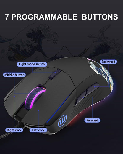 COSTOM Womier G705 USB Wired Gaming Mouse for PC Computer Windows Mac Laptop, Lightweight Silent RGB Backlit Mouse with Adjustable 12000DPI/7 Programmable Side Buttons,Black Kanagawa Theme