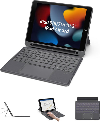 EIP Bluetooth Keyboard Case for iPad 10.2 inch (7th/8th/9th Gen) & iPad Air 10.5 inch (3rd Gen), 10.2 "Magnetic Detachable Cover with Trackpad, 7-Color Backlit Keys, Slim Protective Smart Case