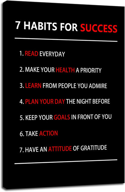 WYJZDZQ8 7 Habits For Success Inspirational Canvas Wall Art Motivational Poster Painting Prints Pictures Inspiring Office Decor Artwork Living Room Gym Decoration Framed Ready to Hang [24''W X 36''H]