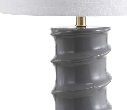 JONATHAN Y 29" Dark Grey/Gold Modern Ceramic Table Lamp for Living Room, White Linen Drum Shade, Bedside Nightstand Lamp for Bedroom, LED Bulb Included, Ridged Design JYL3052A