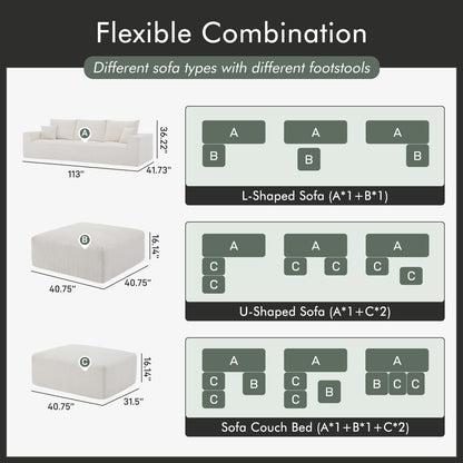 Boneless Sectional Cloud Couch Sofa Bed for Living Room, 112" Modular Modern Lounge 3 Seater Sleeper Beige Couches with Chaise, No Assemble, Cordury Compression Upholstered Sofas