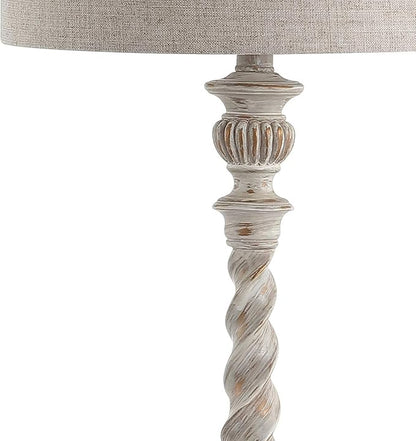 JONATHAN Y 33" White Wash Rustic Resin Table Lamp, Traditional Farmhouse Wood-Look Nightstand Lamp with Gray Linen Drum Shade for Living Room, LED Bulb Included JYL3031A