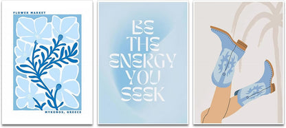 Blue Preppy Canvas Wall Art Posters Set of 3 Trendy Cowgirl Boots Home Decor Flower Market Painting Prints Coastal Aesthetic Picture for Girls Bedroom Bathroom Living Room Dorm 16x24Inch Unframed