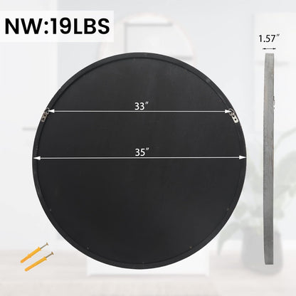 35" Round Wood Mirror, Rustic Circle Wall Mirror with Beveled, Wooden Round Mirror for Wall Decor, Decorative Wall-Mounted Mirror for Entryway, Living Room, Washed Gray Frame