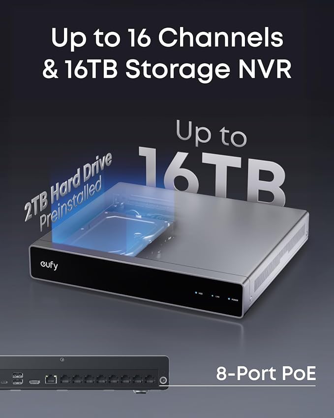 eufy PoE NVR Security System E41,24/7 Recording,Up to 16CH, 2TB HDD, 4 4K Turret Cams, Wired Outdoor Cam, 4K UHD, 122° FOV, Color Night Vision, AI Detection, Red and Blue Strobe