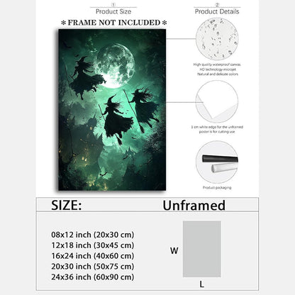 Flying Three Witches Halloween Canvas Wall Painting,Witches on Broom Under Full Moon Castle Victorian Decoration Haunted House Retro Poster for Living Room Bedroom Gallery,24"x36" Unframed
