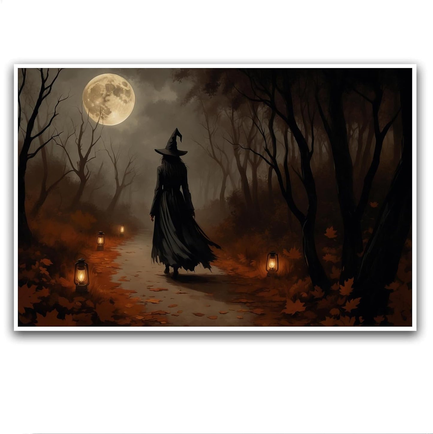 JFHCQJPK Moonlight witch poster dim lantern Halloween decoration Gothic style dark retro college style canvas wall art suitable for living room bedroom8x12in Frameless