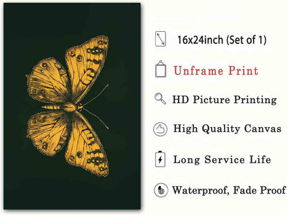 Gold Butterfly Paintings Green Gold Abstract Wall Art Moody Insect Artwork Vintage Butterfly Pictures Abstract Moody Animal Prints Wild Animals Painting Living Room Decor 16x24inch No Frame