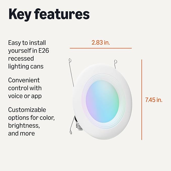 Amazon Basics Smart Recessed 5/6 Inch Downlight, Color Changing, Works with Alexa only, 2.4GHz WiFi, 4 Pack