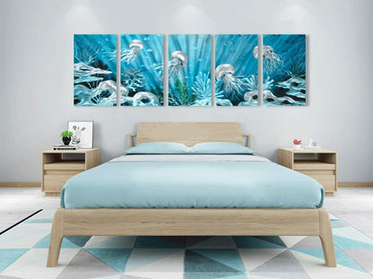 Yihui Arts Blue Deep Sea Metal Wall Art, Large Jellyfish Metal Artwork in Modern Ocean Design, 3D Wall Art for Modern and Contemporary Decor, 5-Panels, Metal Wall Decor