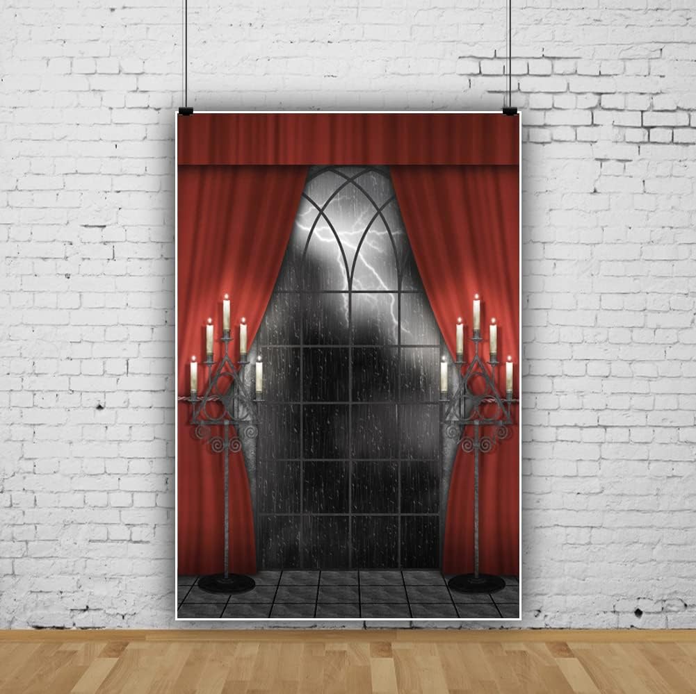 Renaiss 3x5ft Vintage Gothic Window Backdrop Red Curtain Candlestick Black Floor Lightning Stormy Sky Vampire Medieval Castle Photography Background Halloween Dress Up Party Decors Photo Booth Props
