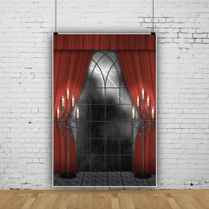 Renaiss 3x5ft Vintage Gothic Window Backdrop Red Curtain Candlestick Black Floor Lightning Stormy Sky Vampire Medieval Castle Photography Background Halloween Dress Up Party Decors Photo Booth Props