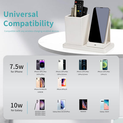 Wireless Charger with Desk Organizer, Wireless Charging Station for iPhone 14/14 Pro/13/12/11/Samsung Galaxy S23/S22/S21/S20/Note 20/Note 10, Charging Stand with Leather, White