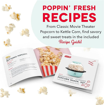 Dash SmartStore Stirring Popcorn Maker - Hot Oil Electric Popcorn Popper with Butter-Warming Tray, Clear Serving Bowl & Measuring Cup - 12 Cups, Aqua