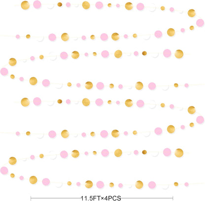 Gold and Pink Party Decorations Circle Dots Garland Metallic Gold Light Pink and White Hanging Polka Dot Streamer for Women Girl Birthday Baby Shower Bridal Shower Wedding Princess Party Supplies