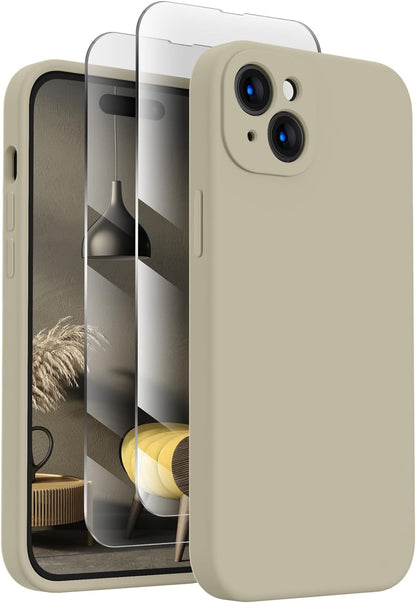 FireNova Designed for iPhone 15 Case, Silicone Upgraded [Camera Protection] Phone Case with [2 Screen Protectors], Soft Anti-Scratch Microfiber Lining Inside, 6.1 inch, Khaki