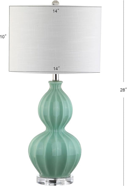 JONATHAN Y 28" Seafoam Green Fluted Ceramic Gourd LED Table Lamp, Midcentury Glam Bedside Lamp for Living Room Bedroom, White Linen Drum Shade, LED Bulb Included JYL5015A