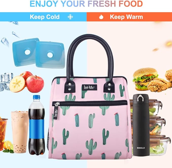 Nicole Miller Insulated Lunch Bag Tote Thermal Soft Side Wide-Open Cooler Ice Bag Lunch Box for Food with Drink Bottle Holder