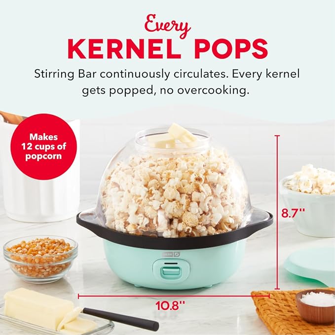Dash SmartStore Stirring Popcorn Maker - Hot Oil Electric Popcorn Popper with Butter-Warming Tray, Clear Serving Bowl & Measuring Cup - 12 Cups, Aqua