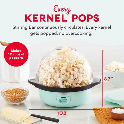 Dash SmartStore Stirring Popcorn Maker - Hot Oil Electric Popcorn Popper with Butter-Warming Tray, Clear Serving Bowl & Measuring Cup - 12 Cups, Aqua