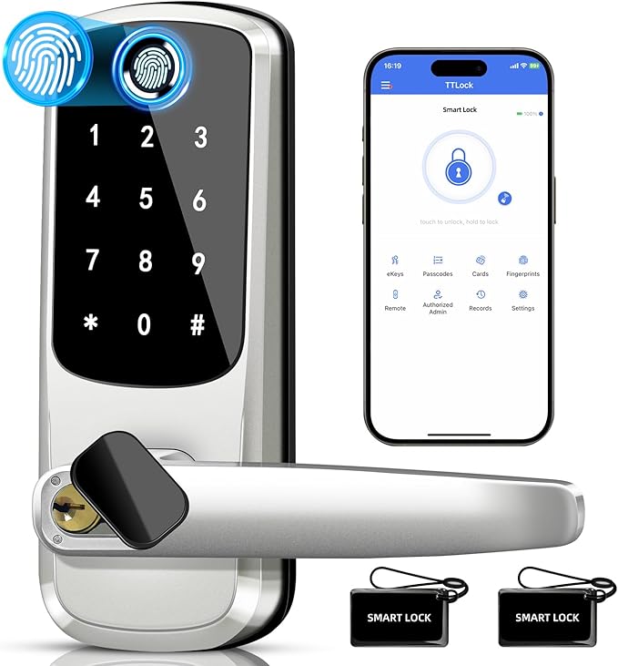 Smart Lock with Handle Set, Biometric Fingerprint Keyless Entry Deadbolt, Electronic Digital Keypad with App Control & Auto-Lock for Front Door, Home, Airbnb & Rental, Satin Nickel
