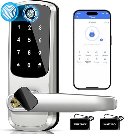 Smart Lock with Handle Set, Biometric Fingerprint Keyless Entry Deadbolt, Electronic Digital Keypad with App Control & Auto-Lock for Front Door, Home, Airbnb & Rental, Satin Nickel