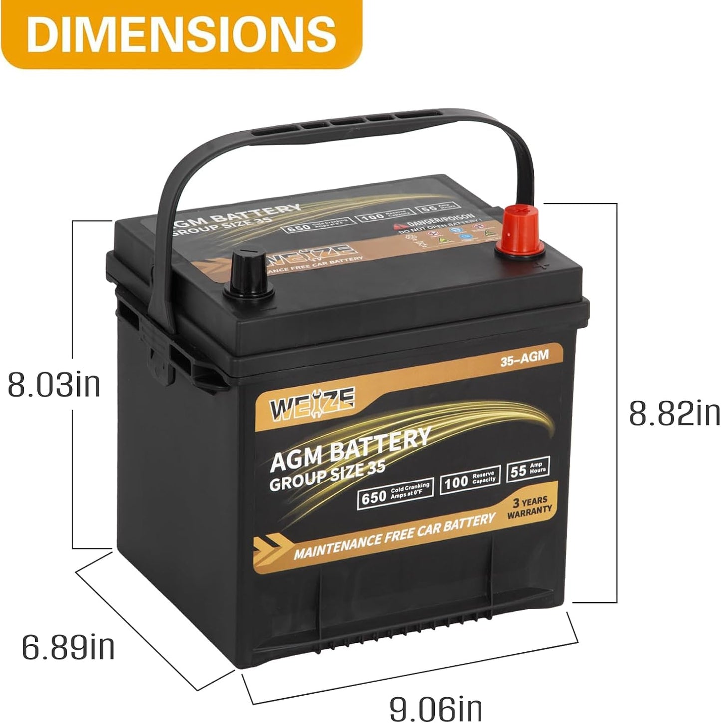 Weize Platinum AGM Battery BCI Group 35 Automotive Battery, 100RC, 650CCA, 36 Months Warranty