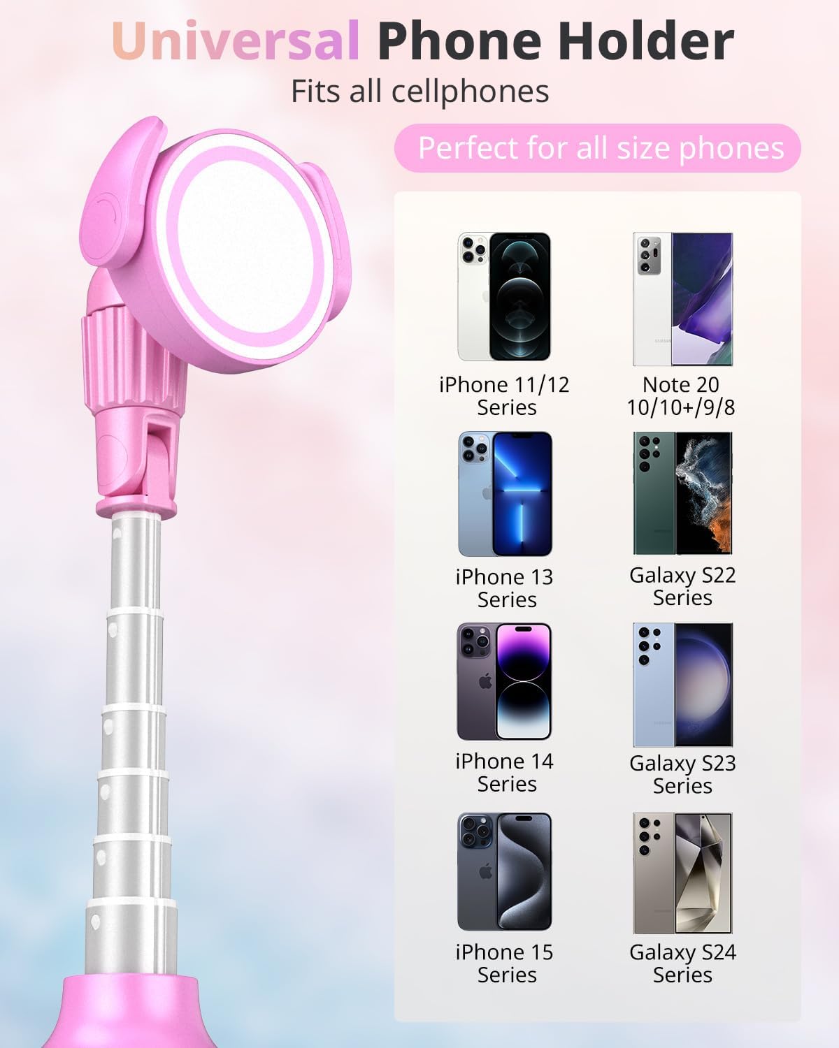 UBeesize 62'' Magnetic Selfie Stick Phone Tripod with Wireless Remote, Extendable Cell Phone Stand, Compatible with MagSafe, Cellphone Stand for iPhone 15 14 13 12 and Android Phones Pink