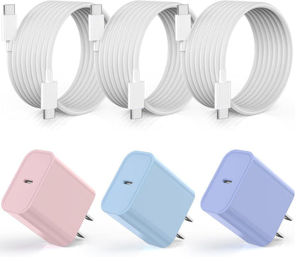 [3Pack] 20W USB C Fast Charger iPhone 16 Fast Charging, Apple 15 Charger Block 6ft C to C Long Charging Cable Cord for iPhone 16/16e/16 Pro/16 Pro Max/iPhone 15 Series/iPad Air/Mini(Pink+Blue+Purple)