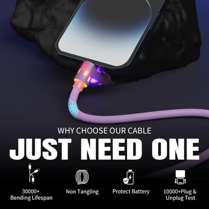 240W USB C Cable,4 in 1 Charging Cable Fast Charging & Data Sync, Multi USB Charging Cable with Breathing Light,Charger Cord for iPhone 16/15 14 13 iPad Samsung Galaxy MacBook iPad Tablets,Purple 5Ft