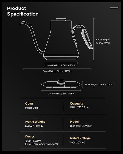 Cocinare Barista Collection Gooseneck Electric Kettle, ±1℉ Precise Temperature Control for Pour-Over Coffee & Tea, Quick Heating 1500W, Stainless Steel Interior, 0.9L (Matte Black)