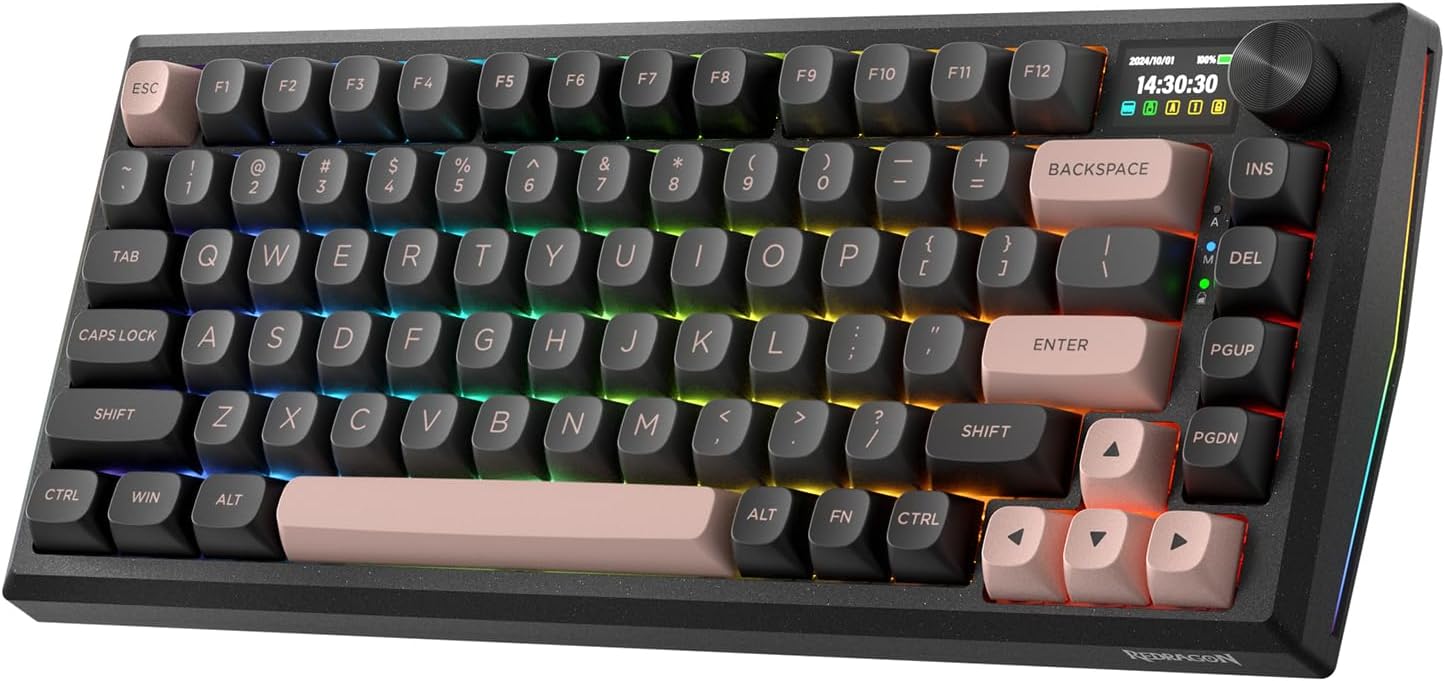 Redragon K720 Wireless CNC Gasket Gaming Keyboard w/Hype Screen & Knob, 81 Keys Mechanical Keyboard, Smart 1.14’’ TFT Info Display, 5-Layer Noise Dampening, Custom Linear Switch, Dawn Sakura Color