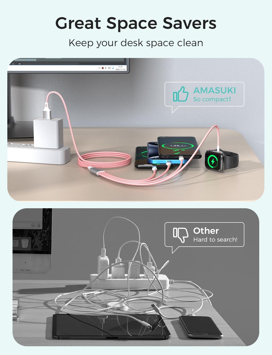 2Pack Travel Essentials Multi Charging Cable for Watch Charger 4 in 1 Fast Charger Camping Essentials USB C/L/Micro Compatible with Watch Series 10-1/SE/Ultra Phone 16 15/Galaxy Android-4FT/Pink