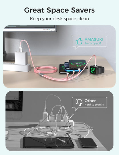 2Pack Travel Essentials Multi Charging Cable for Watch Charger 4 in 1 Fast Charger Camping Essentials USB C/L/Micro Compatible with Watch Series 10-1/SE/Ultra Phone 16 15/Galaxy Android-4FT/Pink