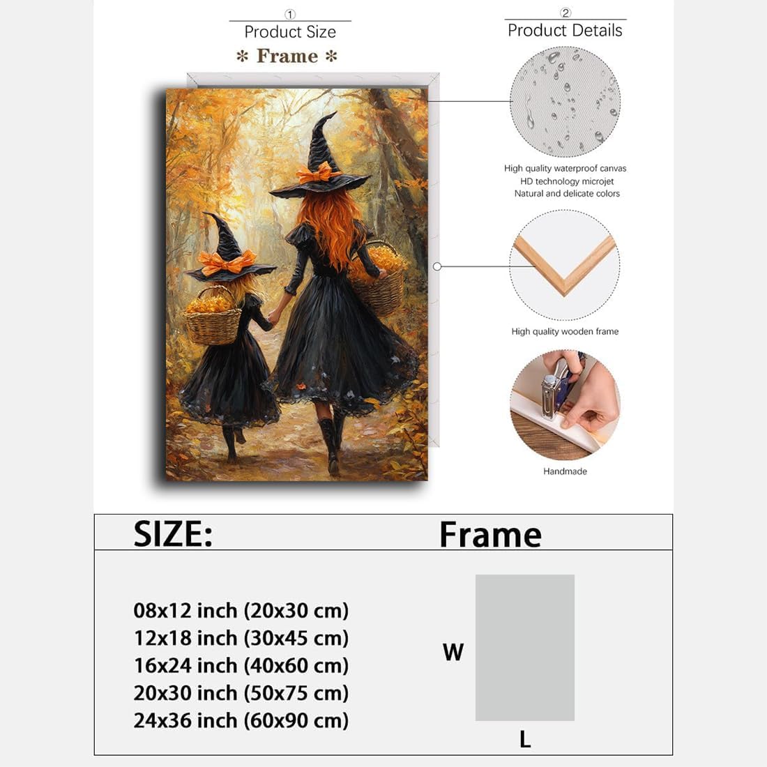 Mother Witch And Child Daughter Witch Wall Art,Halloween Autumn Woodland Forest Path Picture,Family Room Nursery Playroom Kids Room Decor,20"x30" Framed