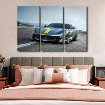 Gray Sports Car Pictures for Living Room Supercar on the Runway Wall Art Prints on Canvas Speedy Car Painting Modern Artwork Wall Decor for Boys Bedroom Office Bathroom Decor Ready to Hang, 42"Wx28"H
